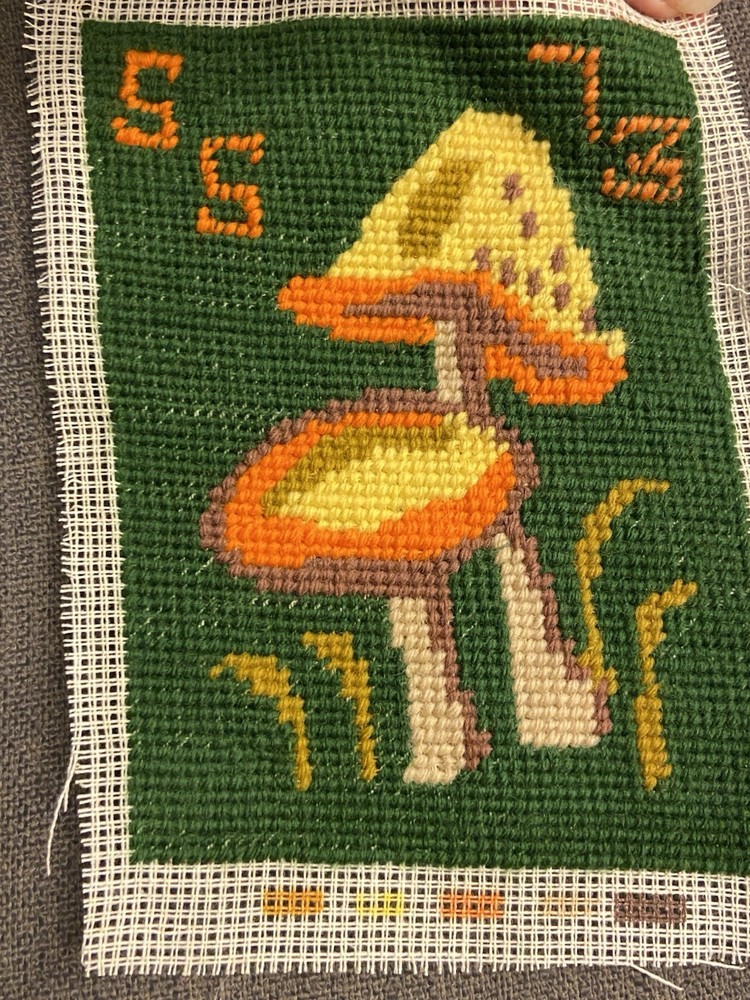 Vintage 1973 Mushroom Completed Wool Needlepoint Handmade Unframed