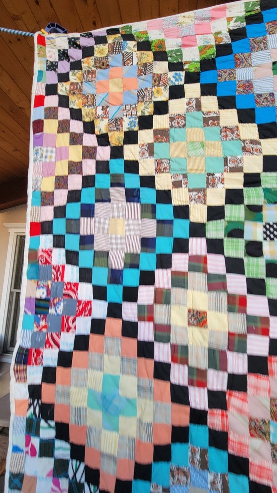 Vintage Handmade Scrap Quilt Large Diamond Patchwork Folk Art Bedspread