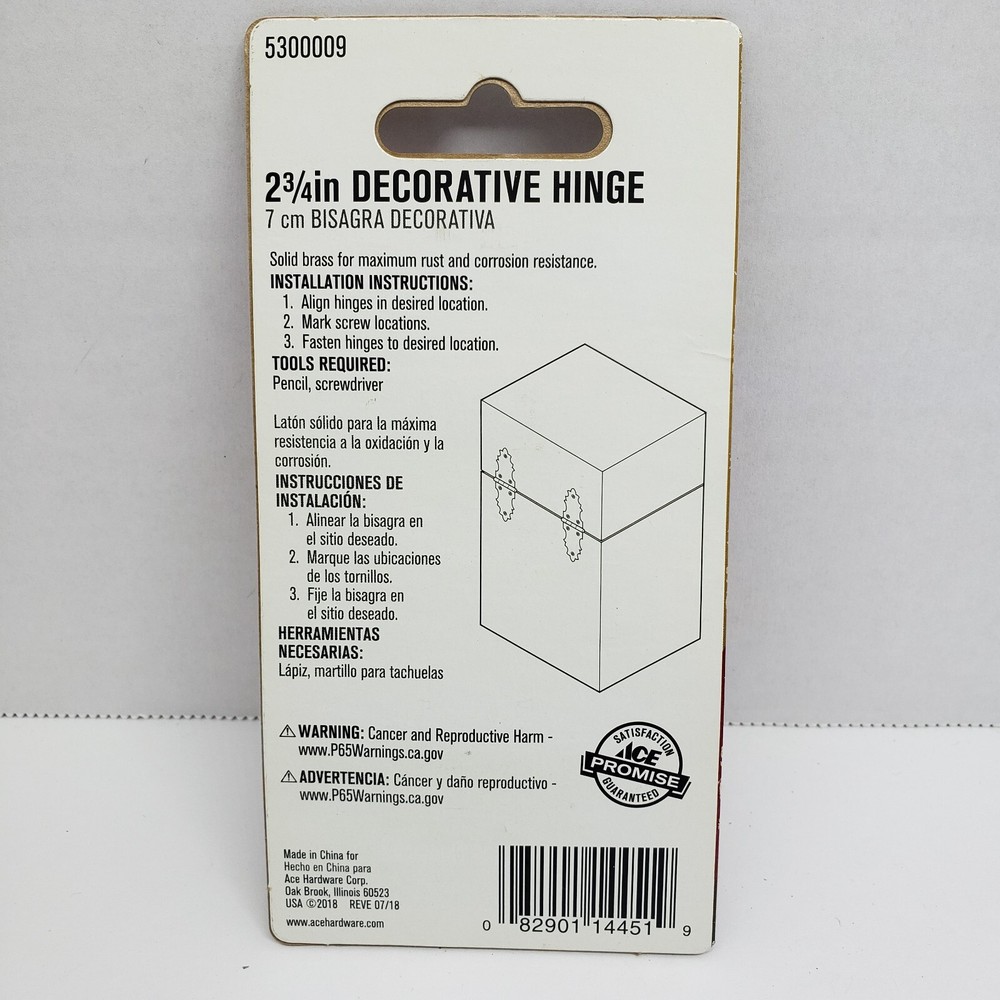 Ace Decorative Hinge SOLID BRASS 2 Pack 2-3/4" #5300009