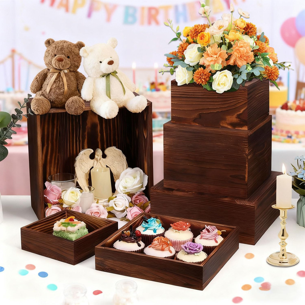Wooden Risers Display Stands - Rustic Cake & Cupcake Stands, 6 Pack