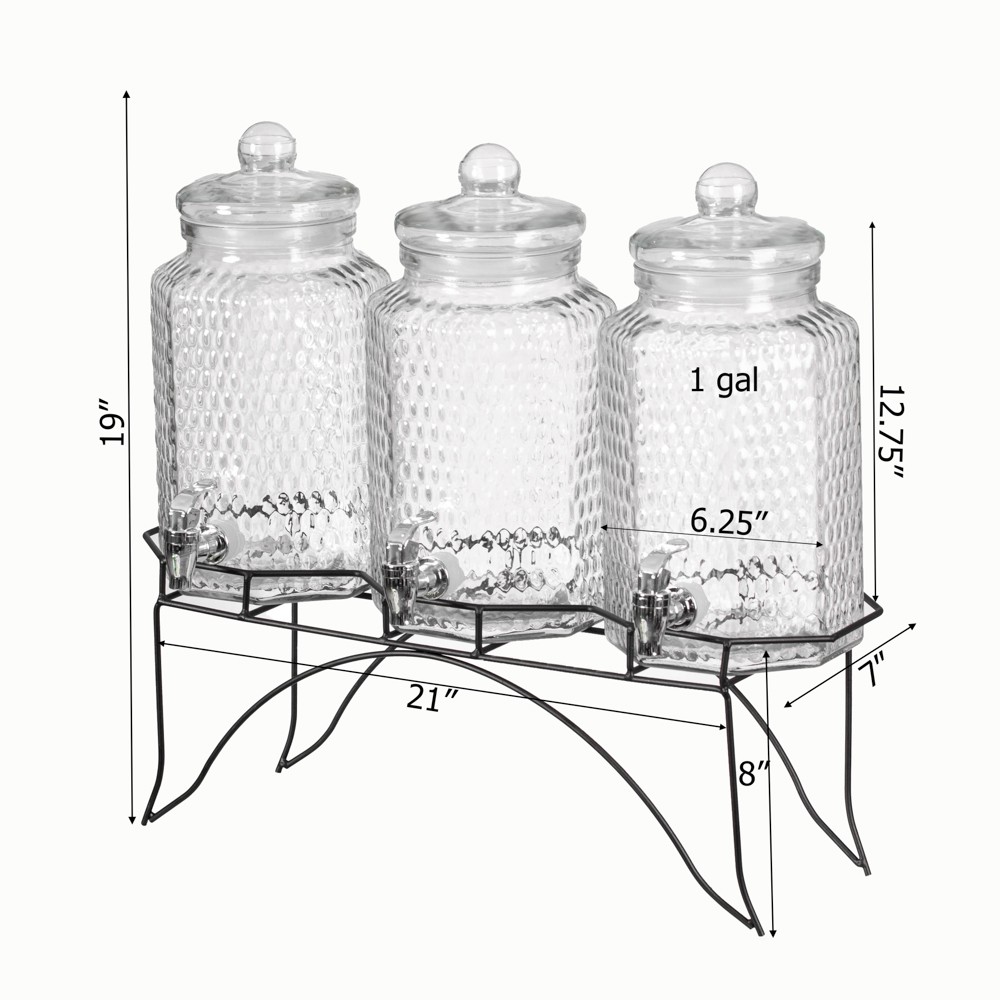 3-Piece Glass Drink Dispenser Set with Metal Stand & Stainless Steel Spigot