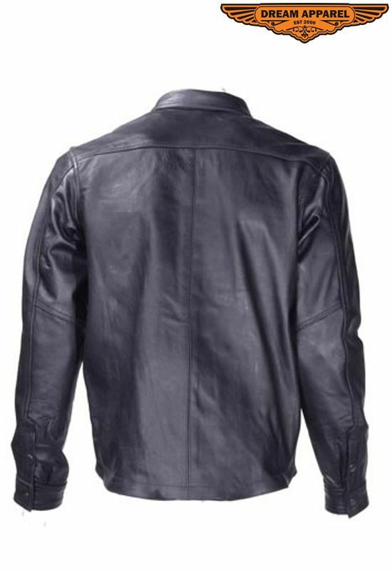 Men's Motorcycle Collared Leather Shirt w/Button Snap Closure & Multiple Pockets