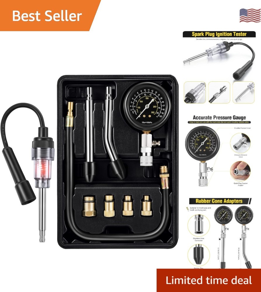 9-Piece Automotive Compression Tester Kit with Spark Plug Tester - Universal Use