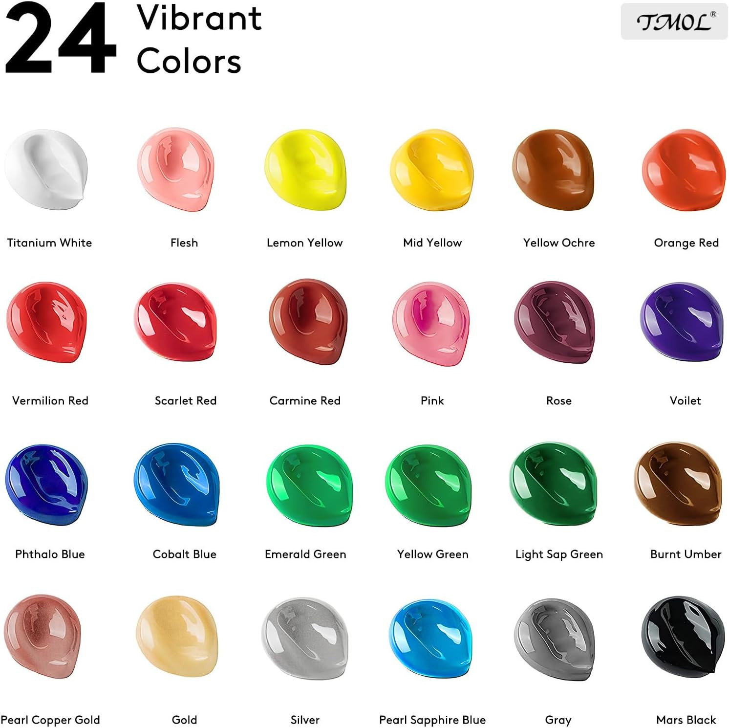 Acrylic Paint Set, 24 Colors (2 oz/Bottle) with 12 Art Brushes, Art Supplies for