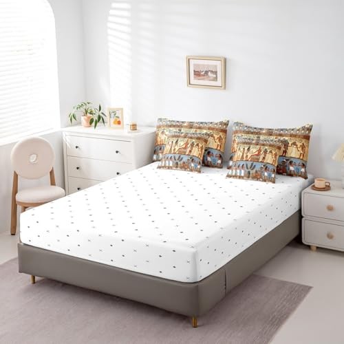 Ancient Egypt Bedding Set with Sheets Egyptian Pattern King Beige Blue