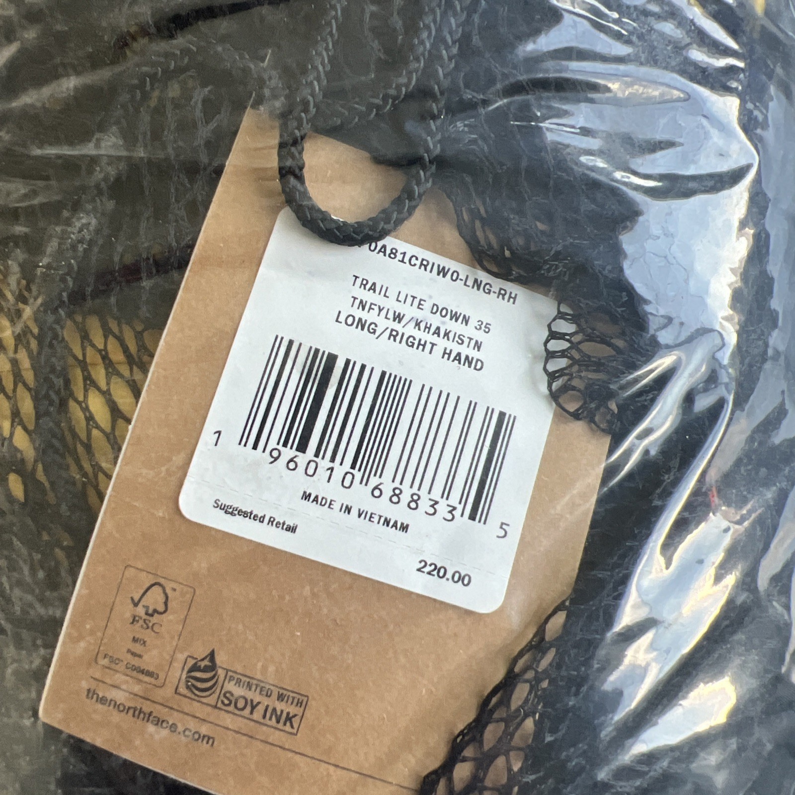 The North Face Trail Lite Down 35° Sleeping Bag Long RH Yellow Khaki MSRP $210