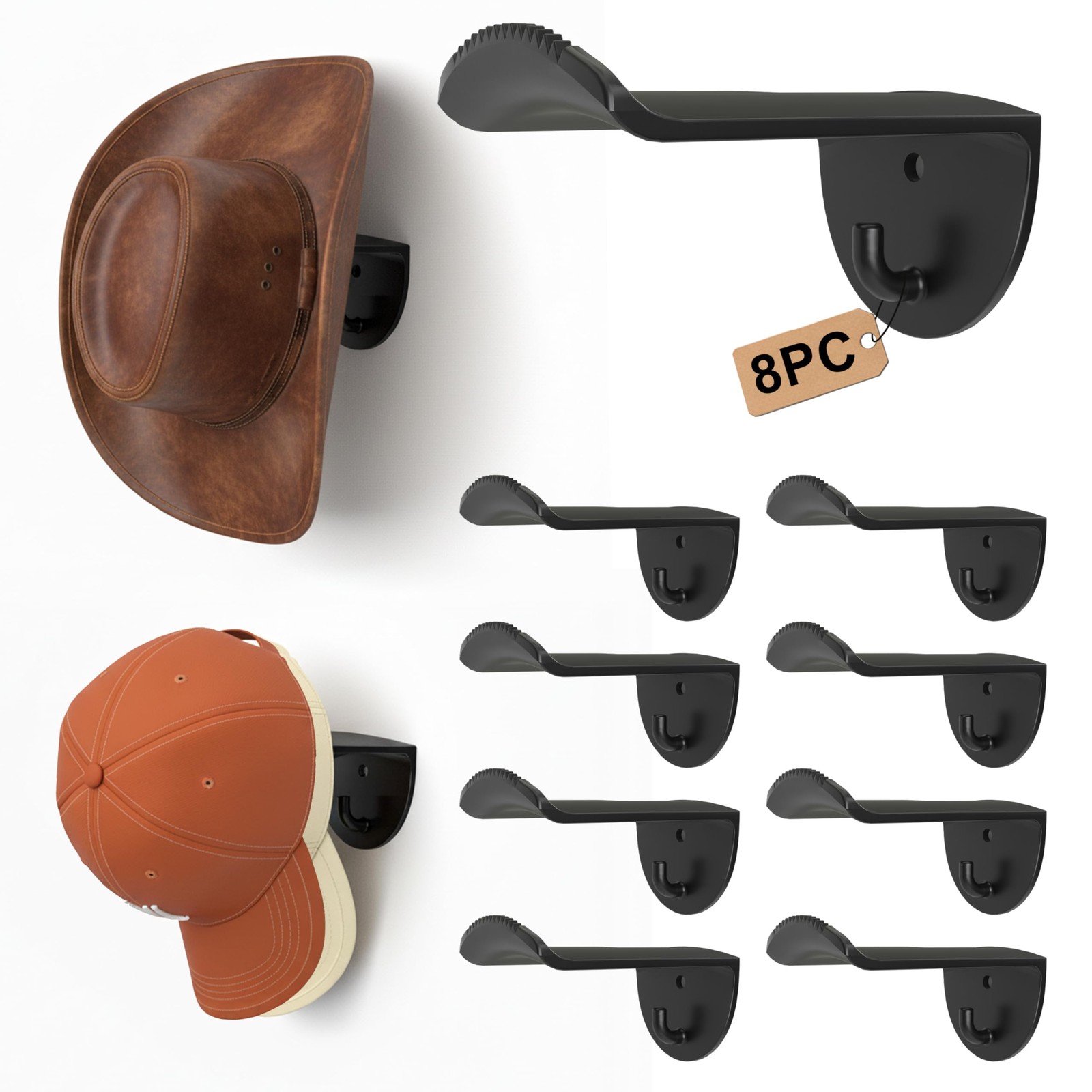 Adhesive Hat Hooks for Wall, 8 Pack, 2.9" Cowboy Hat Rack Prevents Deformation,