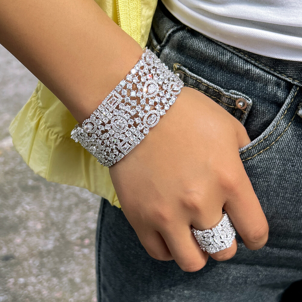 Sparkling CZ Austrian Crystal Wide Open Cuff Bangle Ring Adjustable Jewelry Set