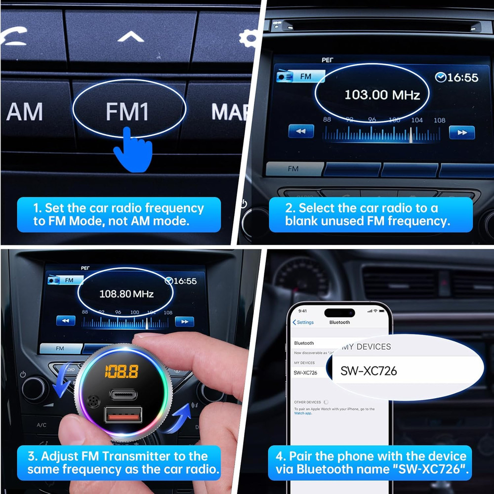 Bluetooth 5.4 FM Transmitter for Car, 38W PD&QC3.0 Dual USB Charging Bluetooth C