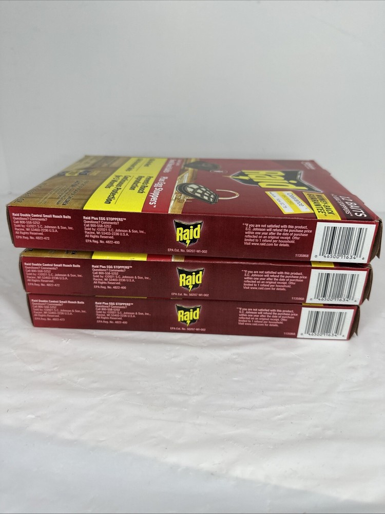 3 pk RAID Small Roach Bait Double Control - 36 Baits PLUS 9 Egg Stoppers