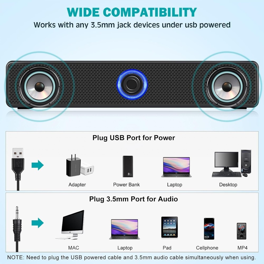 USB Powered Wired Stereo Speakers for Computer, Laptop & Desktop Audio