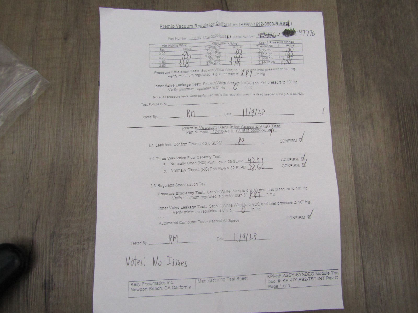 Kelly Pneumatics High Flow Electronic Pressure Regulator w/QC/Calibration Report