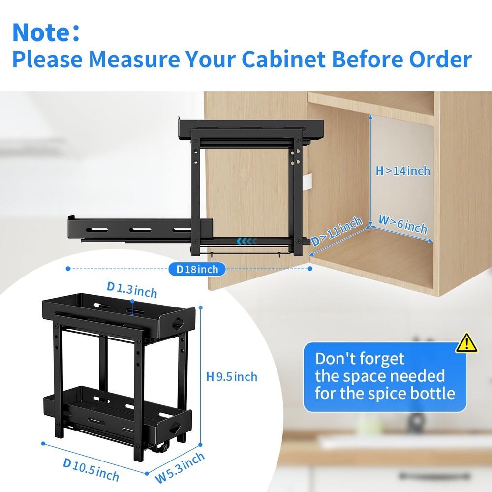 BOIVSHI Pull Out Spice Rack Organizer 2-Tier Vertical Adjustable Metal Black