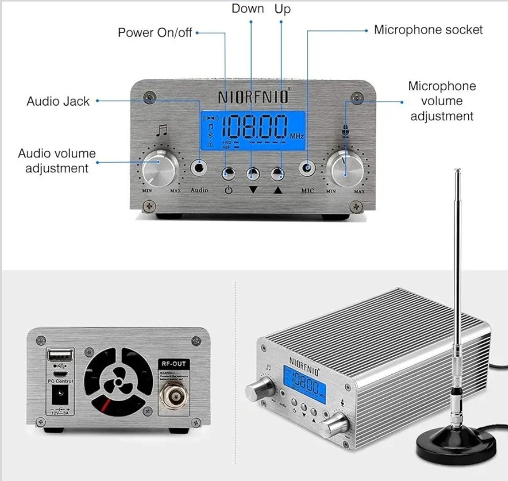 NIORFNIO FM Transmitter 15W Bluetooth USB Stereo/Mono Audio Microphone Inputs