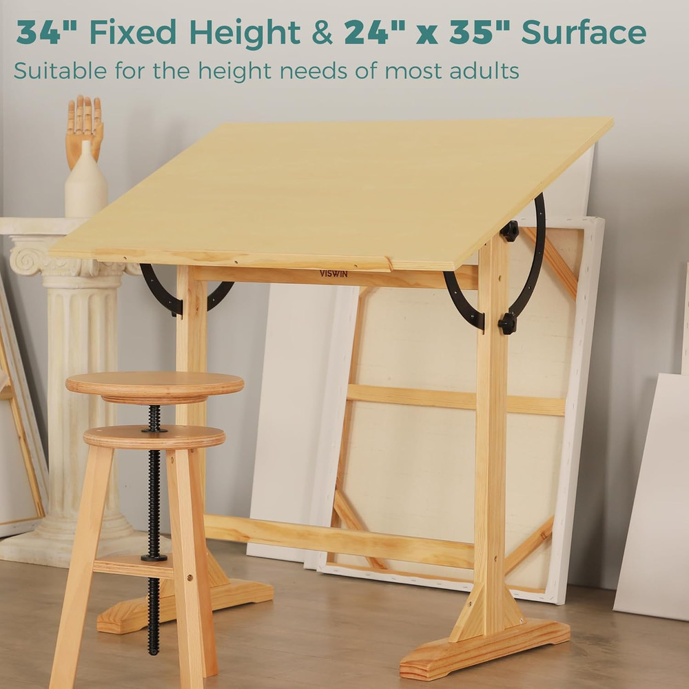 Wood Drafting Table for Adults, 24'' X 35" Drawing Table with Adjustable Angl...