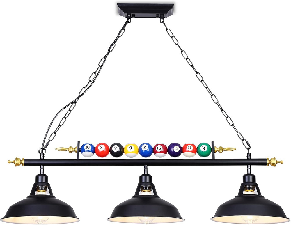 3-Light Billiard Pool Table Lights Hanging over Pool Table, Black Matte Metal Sh