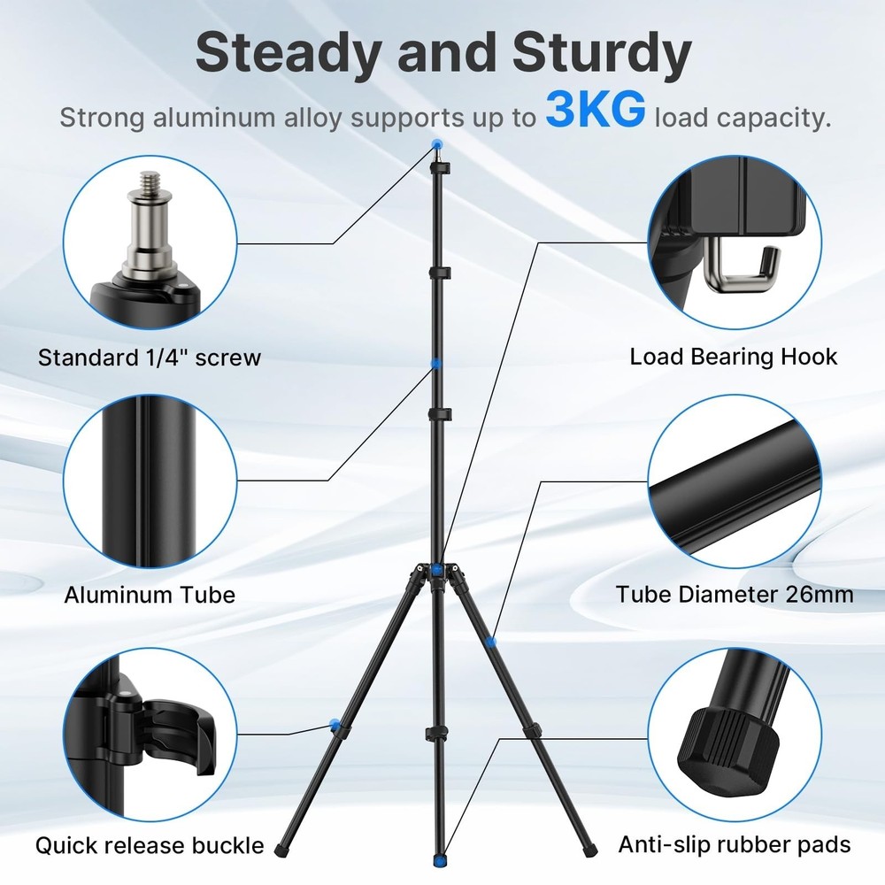 Black Aluminum Light Stand, 6.32ft Extendable Tripod for Strobe Lights, Webca...