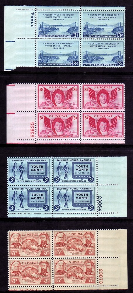 1948 COMMEMORATIVE PLATE BLOCK YEAR SET. (28) DIFFERENT. SCV $28