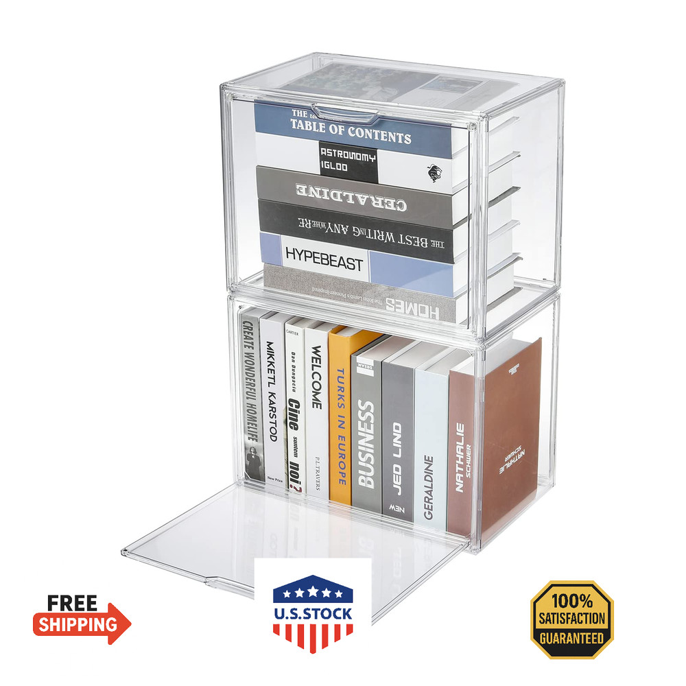 FABROK 2Pcs Clear Stackable Plastic Book Storage Display Organizer Box