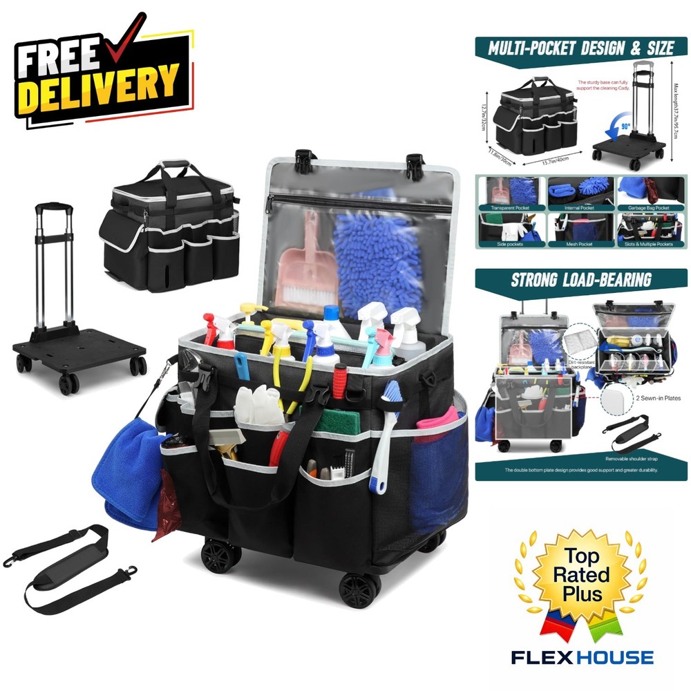 Large Rolling Cleaning Caddy Bag with Detachable Trolley for Effortless Mobility