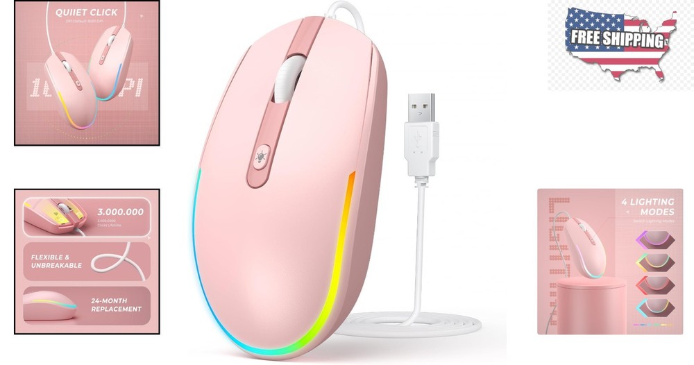 Ambidextrous Optical Wired Mouse with Friendly RGB Lighting - Perfect for Work