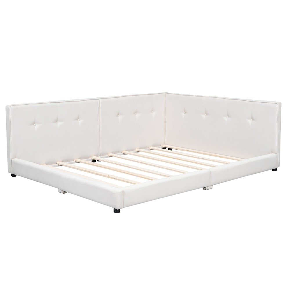 Full/Queen Size Bed Frame Upholstered Platform Bed w/ USB Port Beige/Blue US