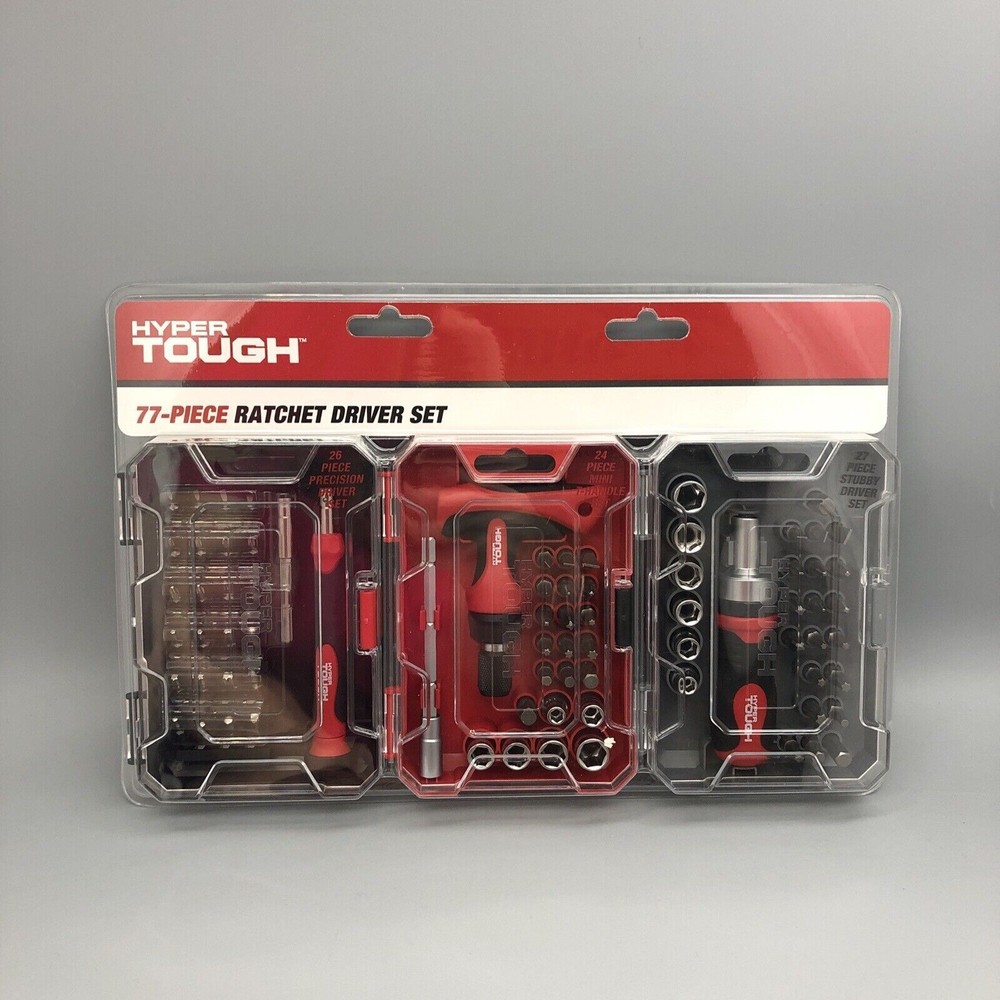 Hyper Tough 77-pc Ratchet Driver Set 27 Stubby 24 Mini T-Handle 26 Precision