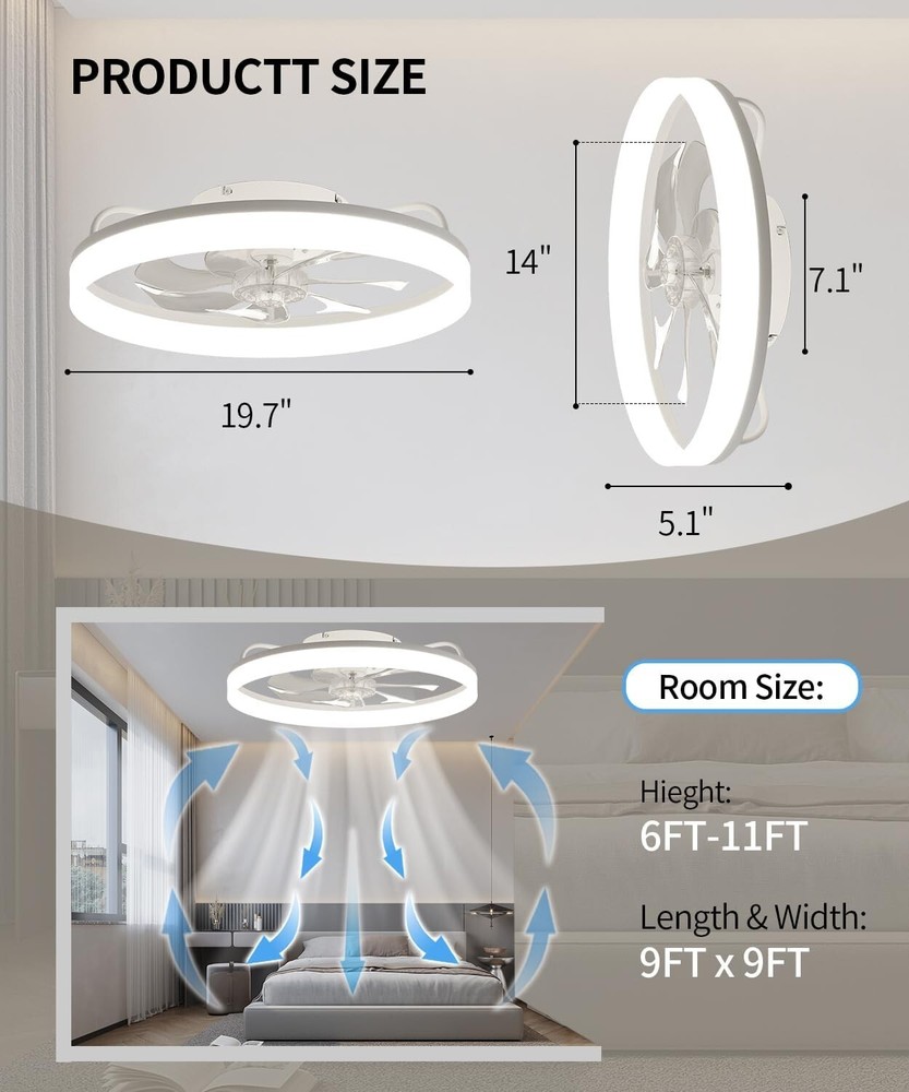 20" Modern Fan Lights Flush Mount LED Ceiling Light kit With Remote APP Control