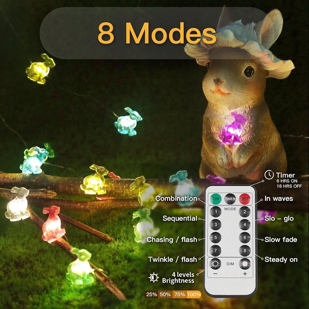Easter Bunny LED String Lights – Battery Fairy Lights with Timer, 40 LED, 12.8Ft