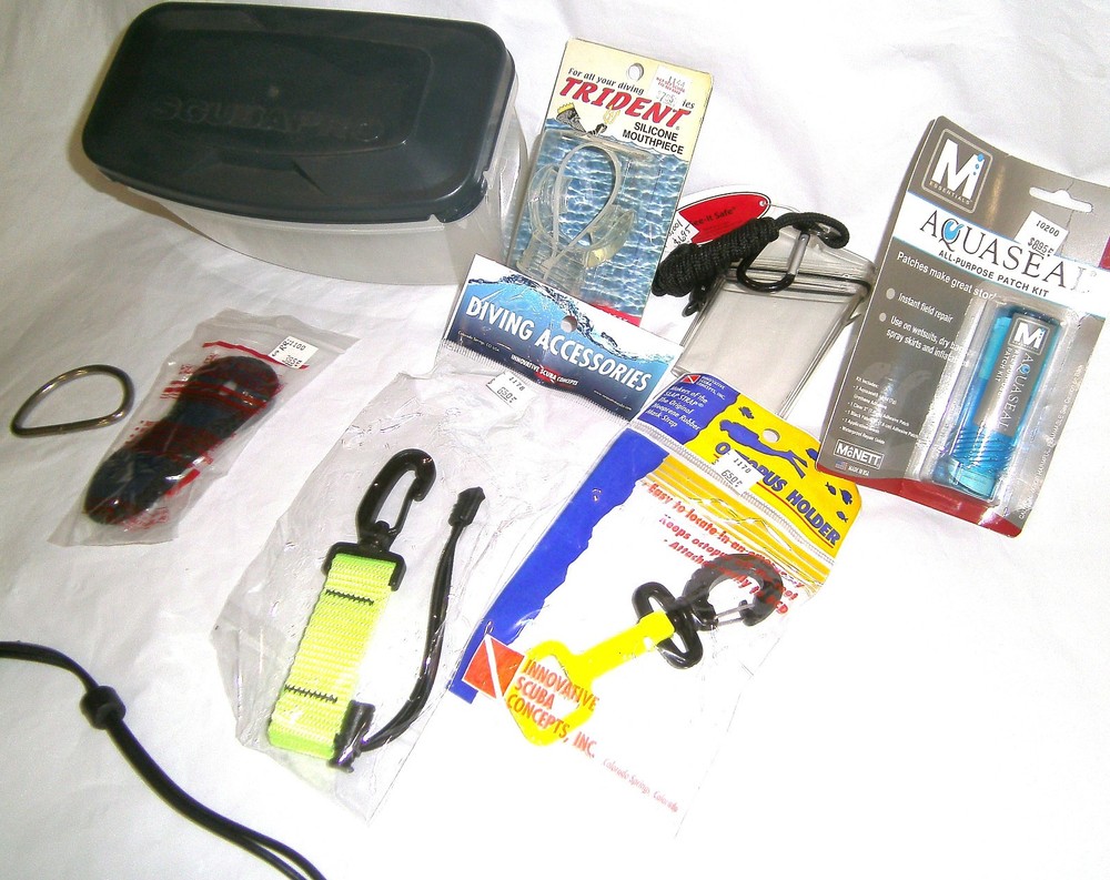 SCUBA Dive Accessories Assortment - Mask Box, Clips, Wetsuit Patch, and MORE!