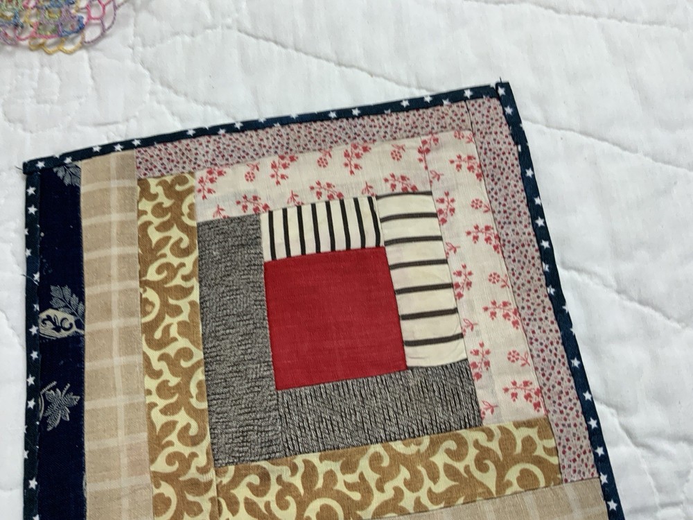 Vintage Patchwork Quilt Table Topper, Log Cabin, Early Calico Prints, Florals
