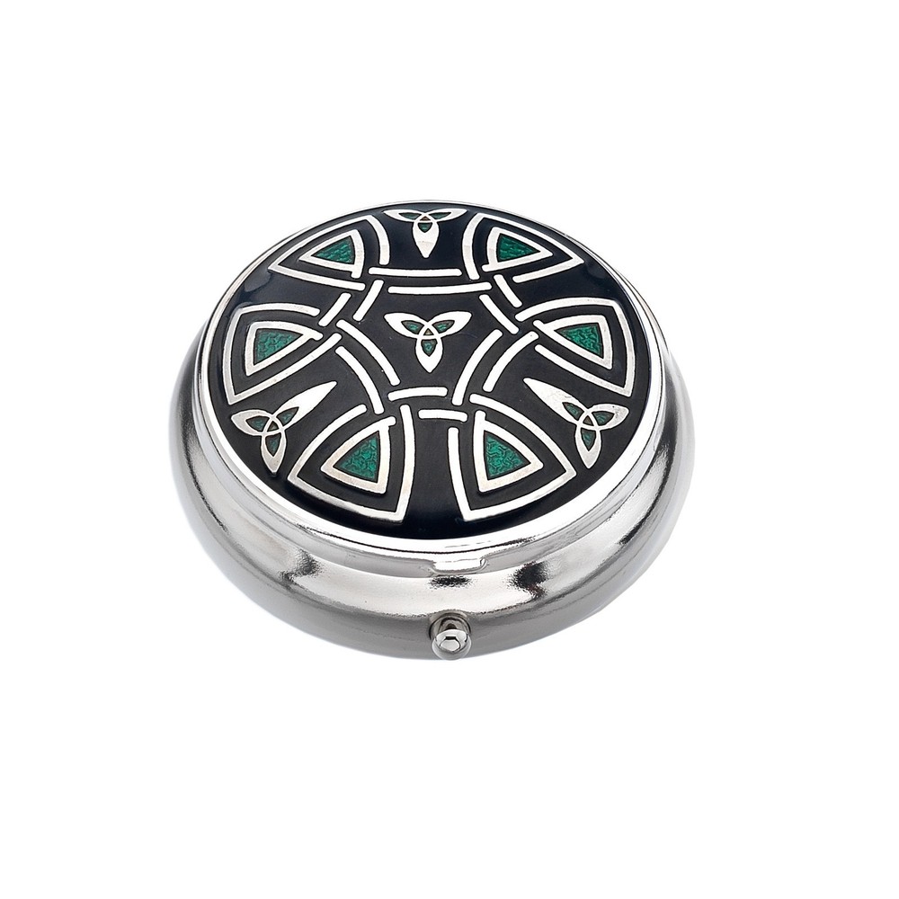 Pill box silver-plated Celtic Trinity design green black brand new and packaged