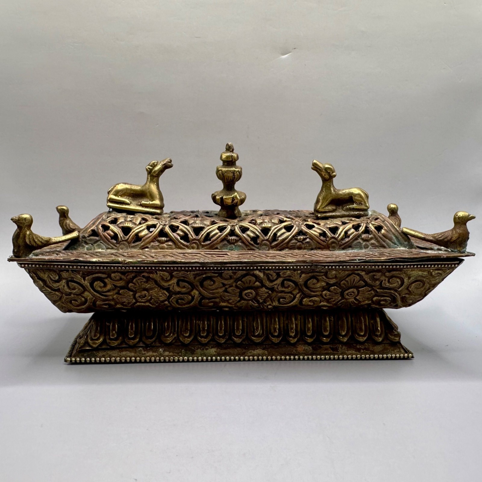 Nepal Tibetan Buddhist Incense Burner Brass & Copper Animal Finials Birds Motifs