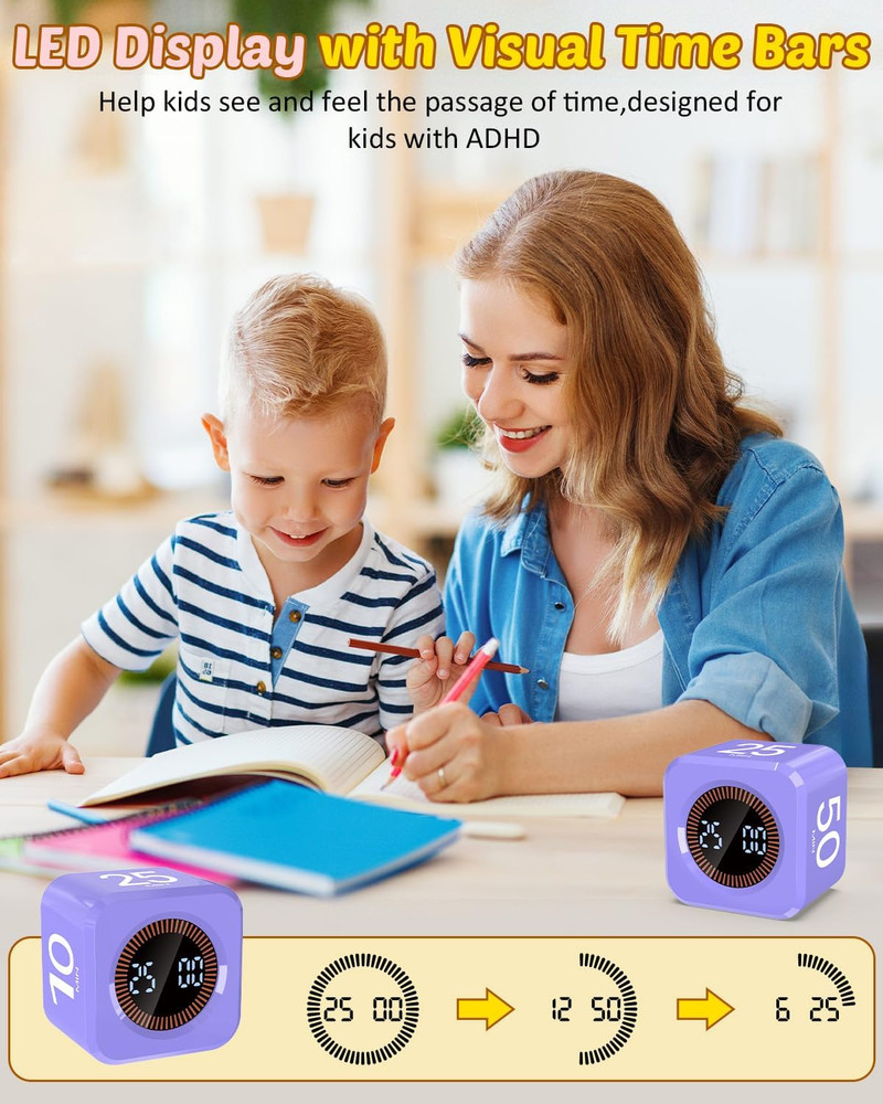 Digital Pomodoro Timer Cube 5/10/25/50min, Visual Productivity Flip Timer for Ki