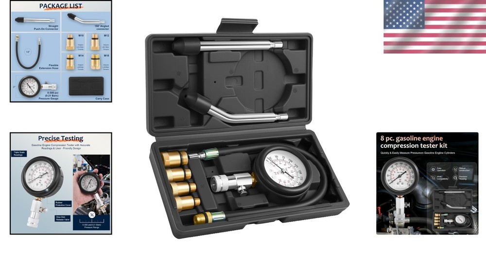Comprehensive Engine Compression Tester Kit - Clear Dual Scale Gauge & Adapters