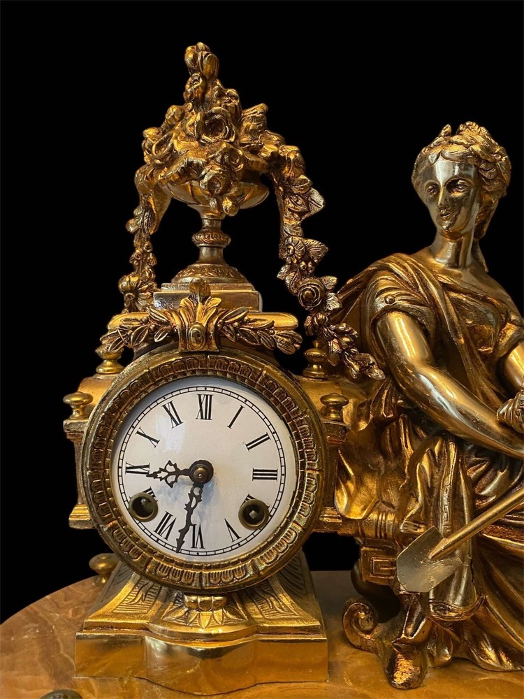 Empire Triptych Gilded Bronze Marble Base Clock and Candlesticks