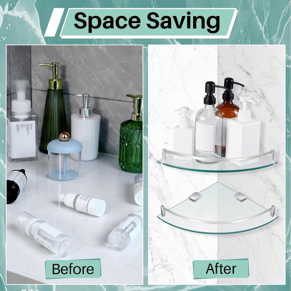 2 Pack Bathroom Corner Shelves with Tempered Glass and Rustproof Brackets