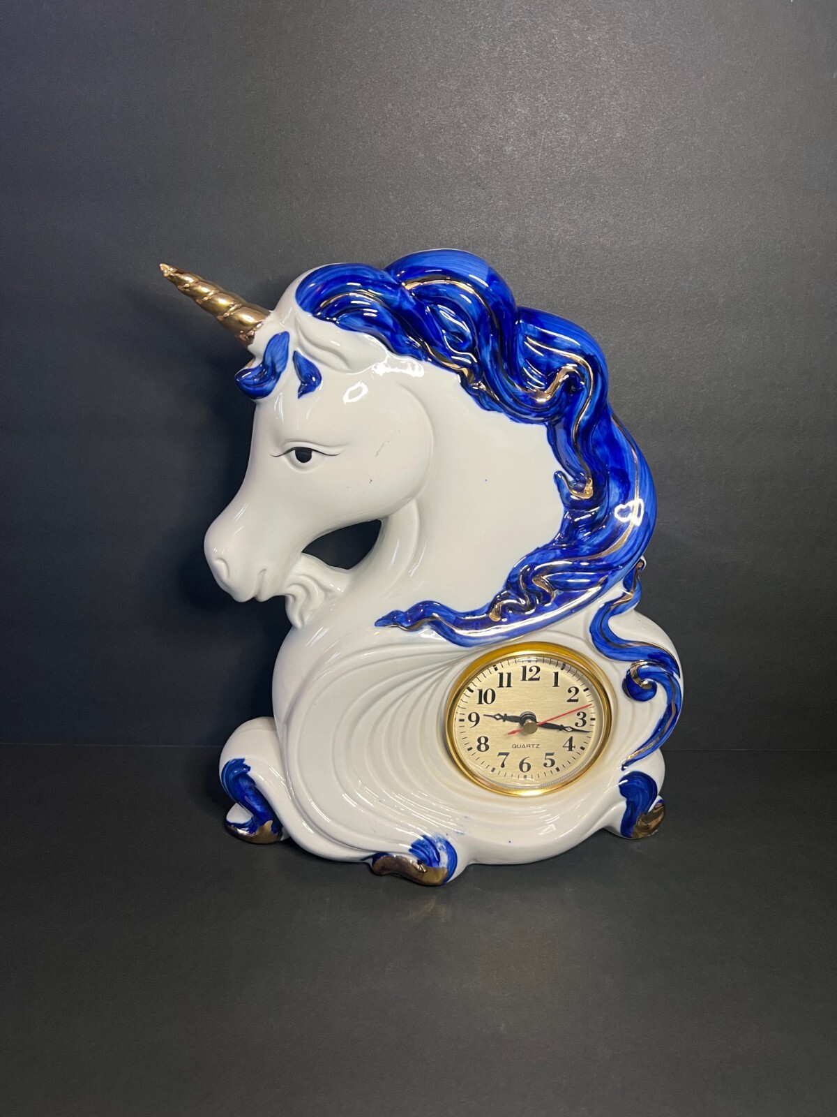 Vintage RARE Hand Painted Porcelain Blue & White Gold Unicorn Quartz Table Clock