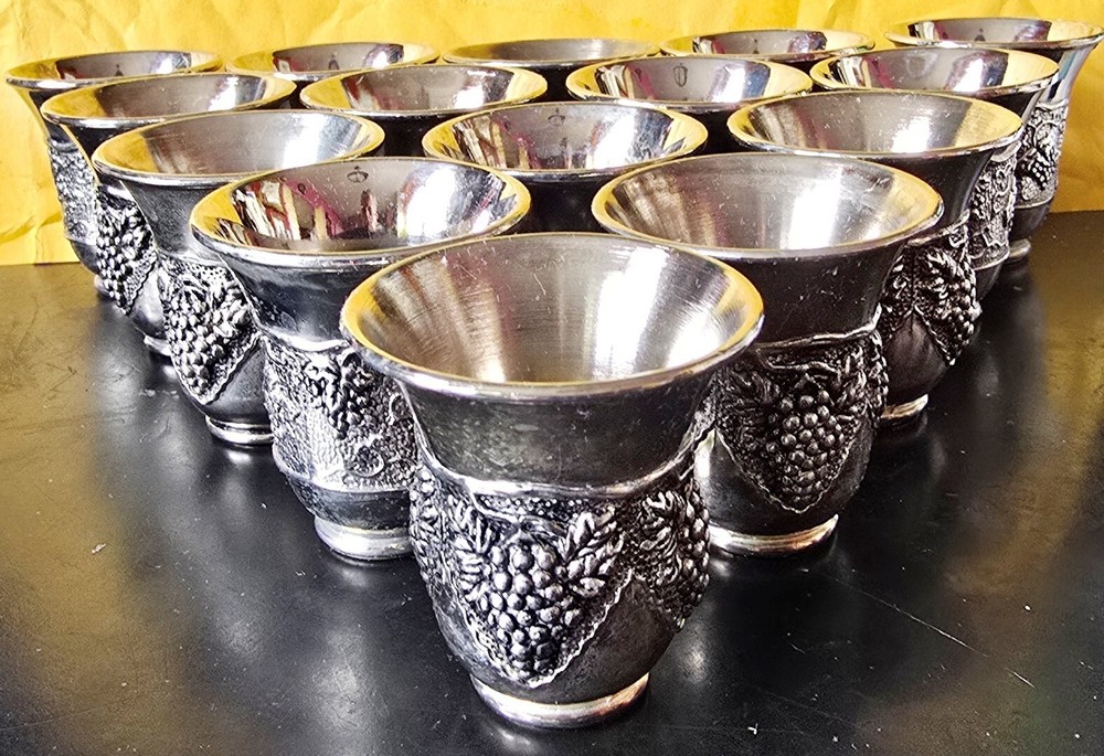 Silver Plate Judaica Kiddush Wine Shot Cups.