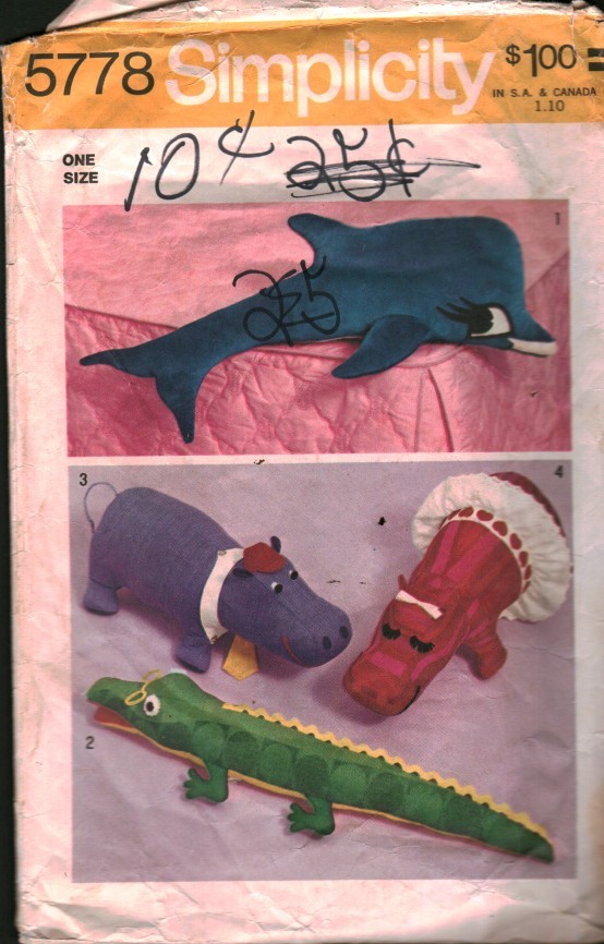 5778 Vintage Simplicity Sewing Pattern Stuffed Hippo Dolphin Crocodile Alligator