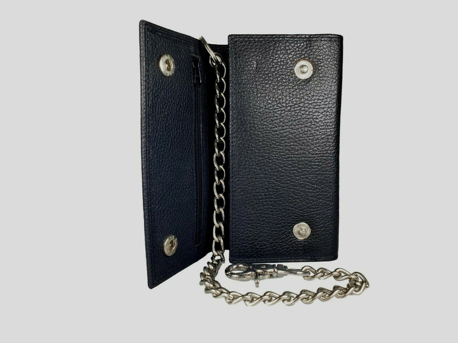 Black Leather Trifold Chain Motorcycle Biker Trucker Long Wallet With Belt Hook