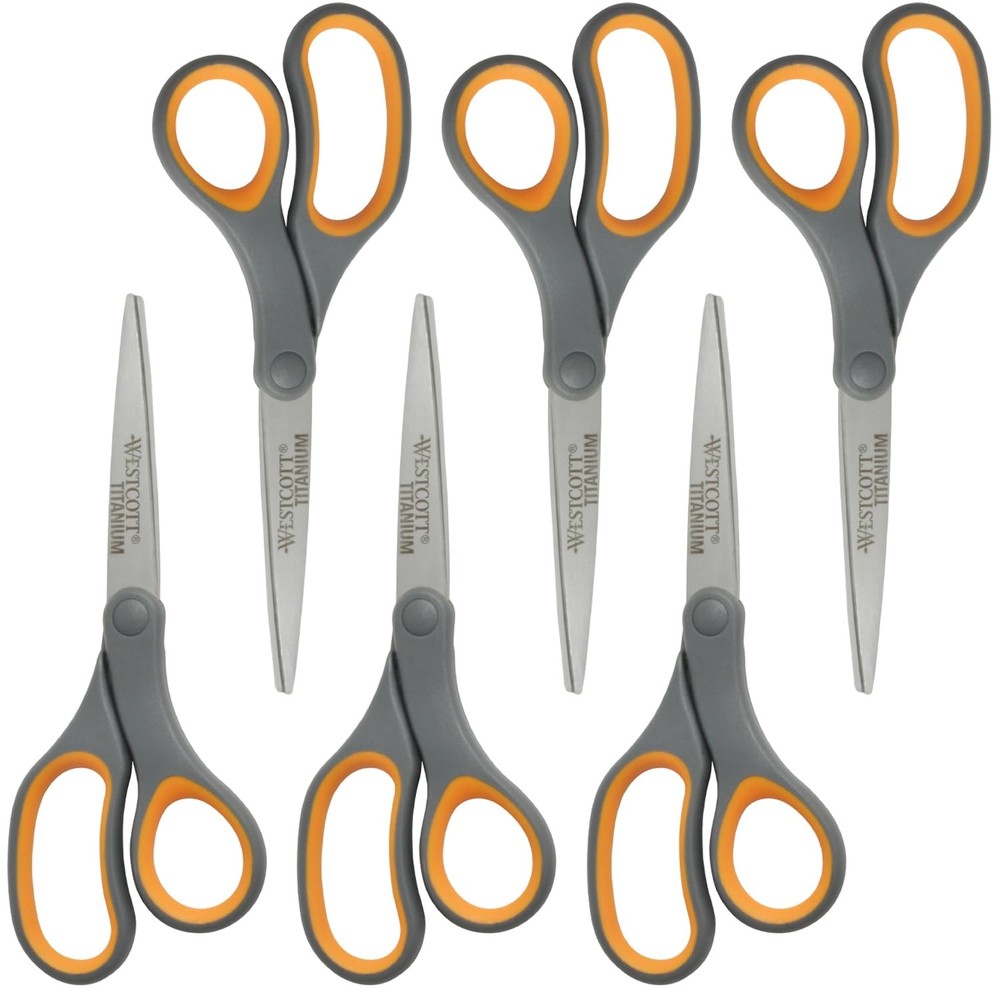 Titanium Bonded Scissors, Soft Handle, 8", Straight, Gray/Yellow, 6-Pack