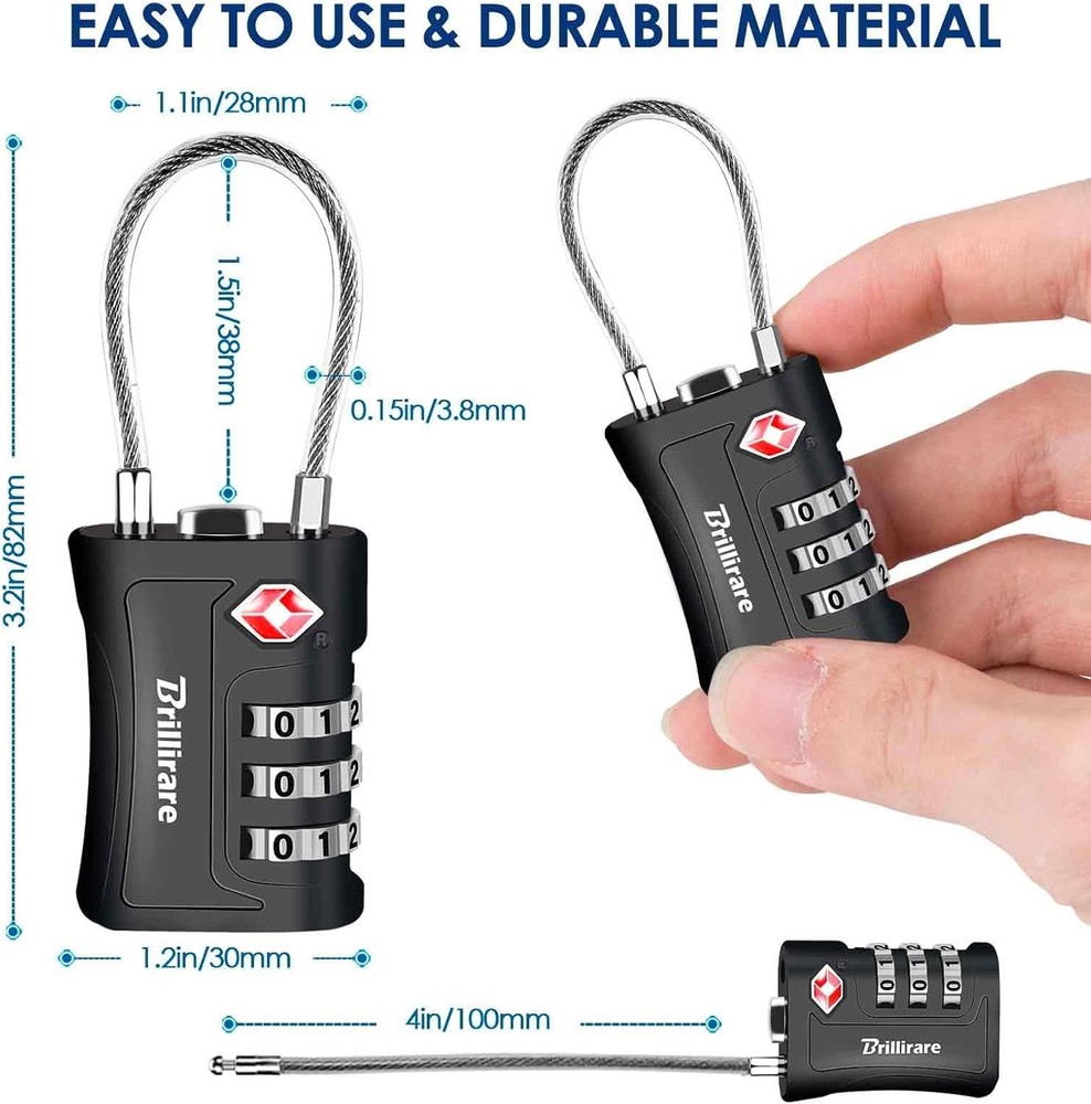 2 Pack TSA Approved Luggage Locks, Combination Travel Cable Padlock, Black