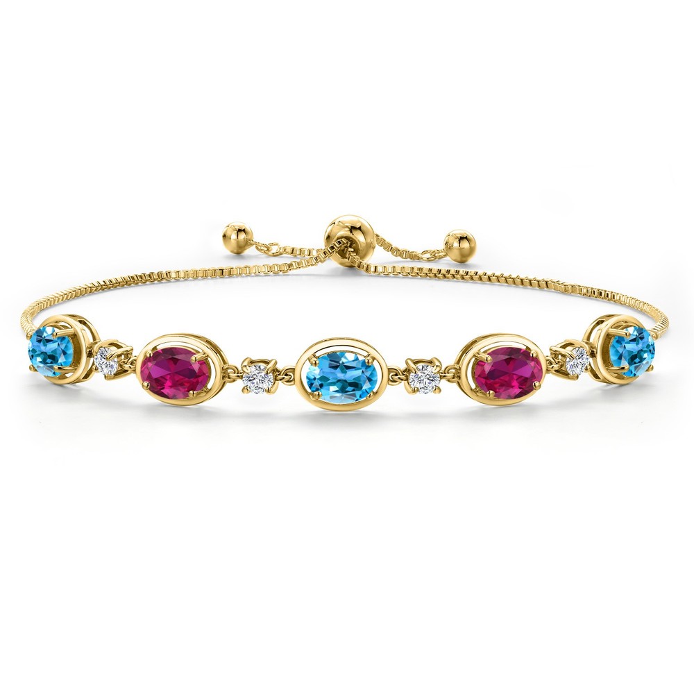 18K Yellow Gold Plated Silver Swiss Blue Topaz, Created Ruby and Lab Grown