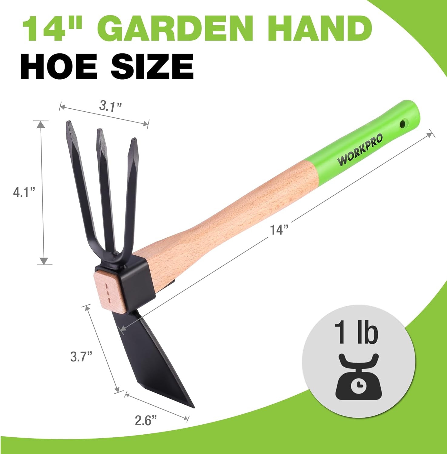 Hoe and Cultivator Garden Rake with 14" Wooden Handle, Sharp Hoe Blade & Sturdy
