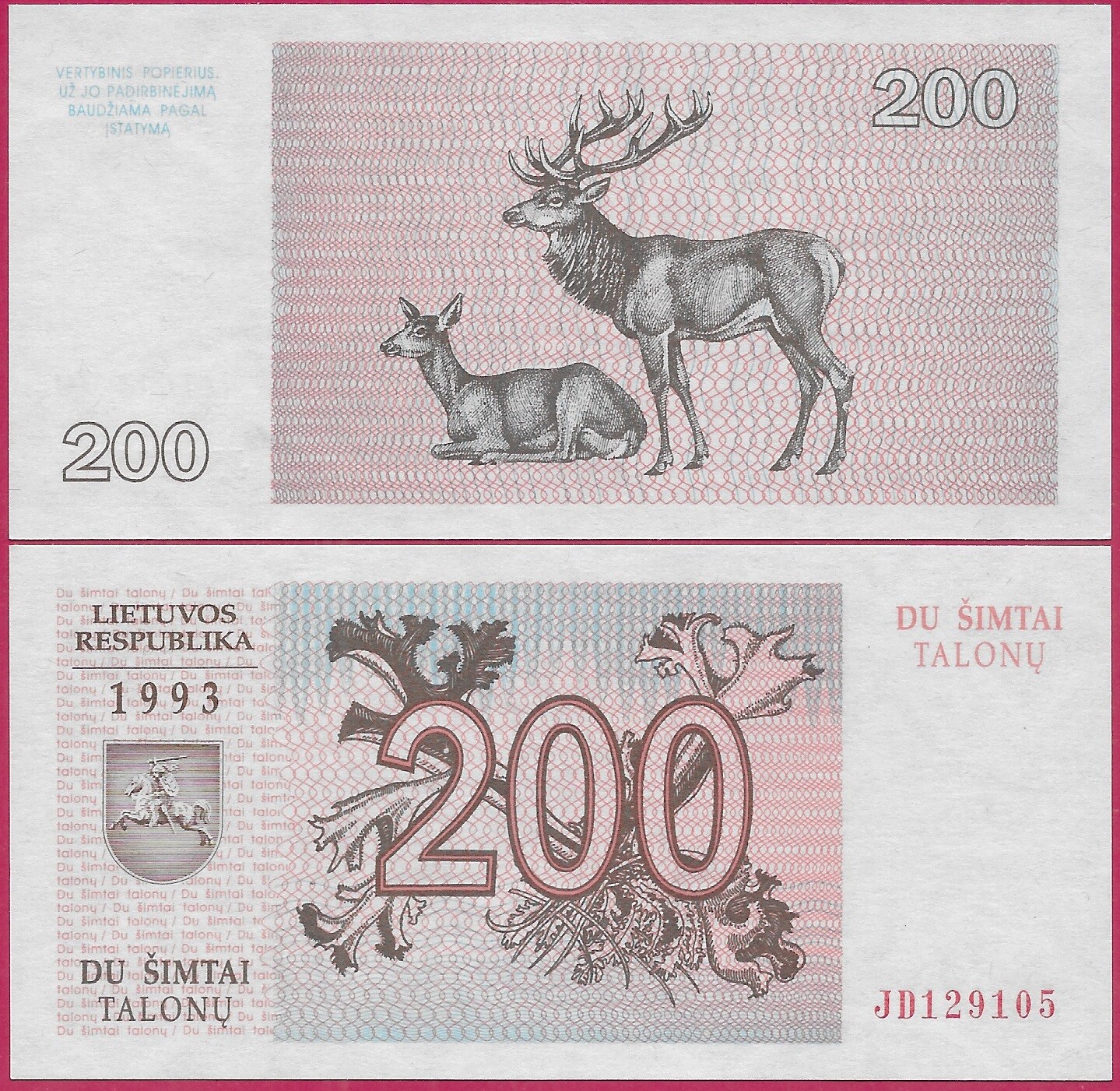 LITHUANIA 200 TALONU 1993 UNC TWO RED DEERS,VALUE WITH BRANCHES AT CENTER AND NA
