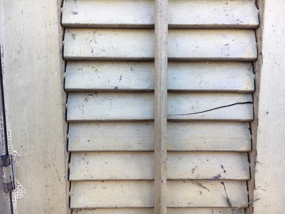 Tall pair c1900 interior louvered split panel shutters mustard 92.5" x 20" wide
