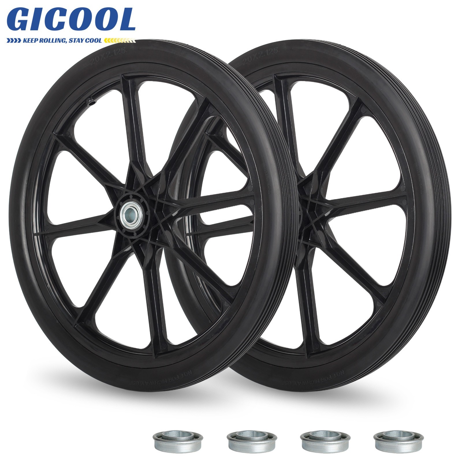 2-Pack 20" Flat Free Tire & Wheel For Rubbermaid Wheelbarrow, Garden Yard Cart