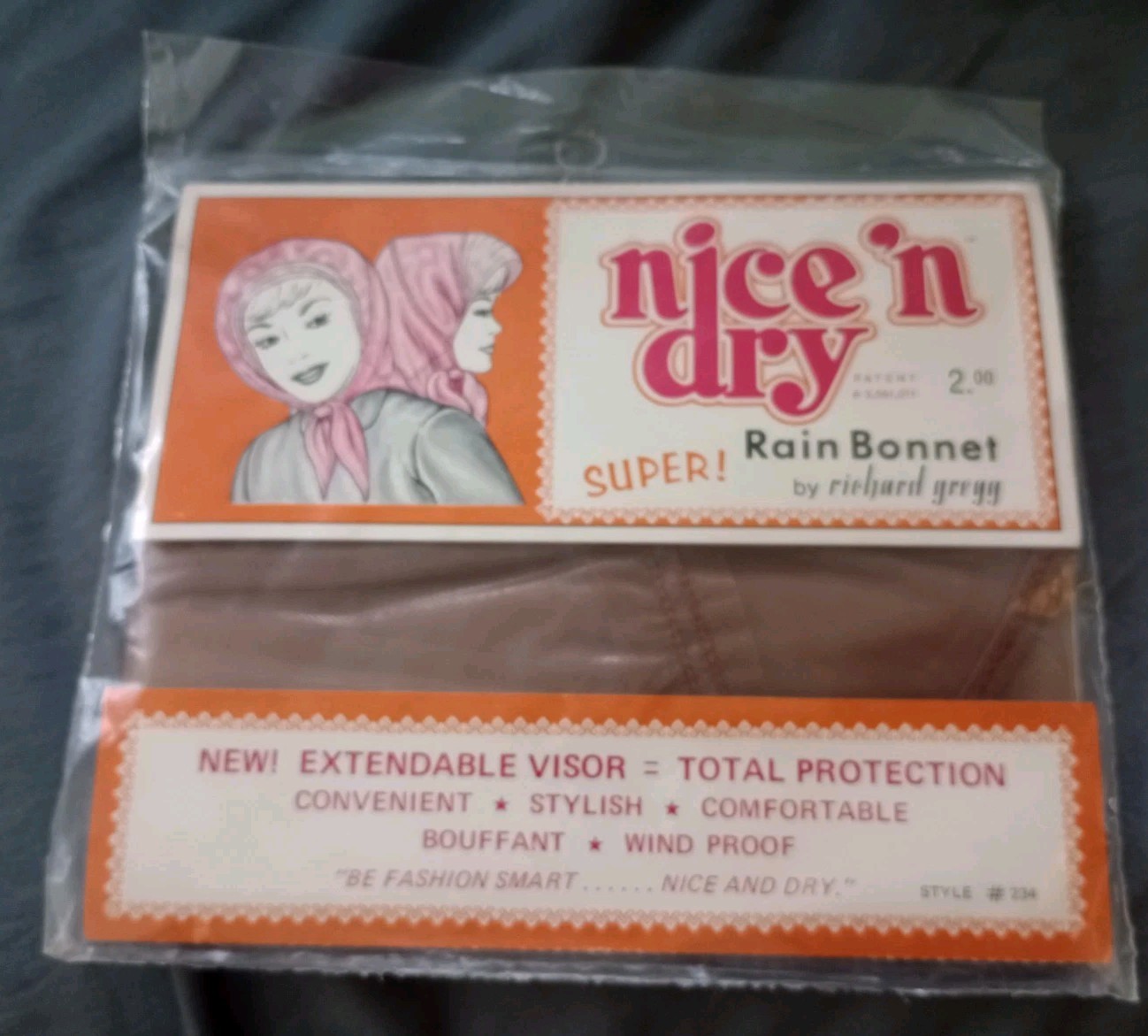 NOS Vintage 1960s RAIN BONNET NICE 'N DRY #234 Brown Made In USA 1969