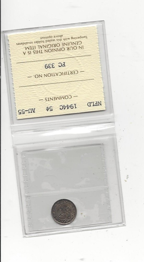 1944c ICCS Graded Newfoundland 5 Cent, **AU-55**